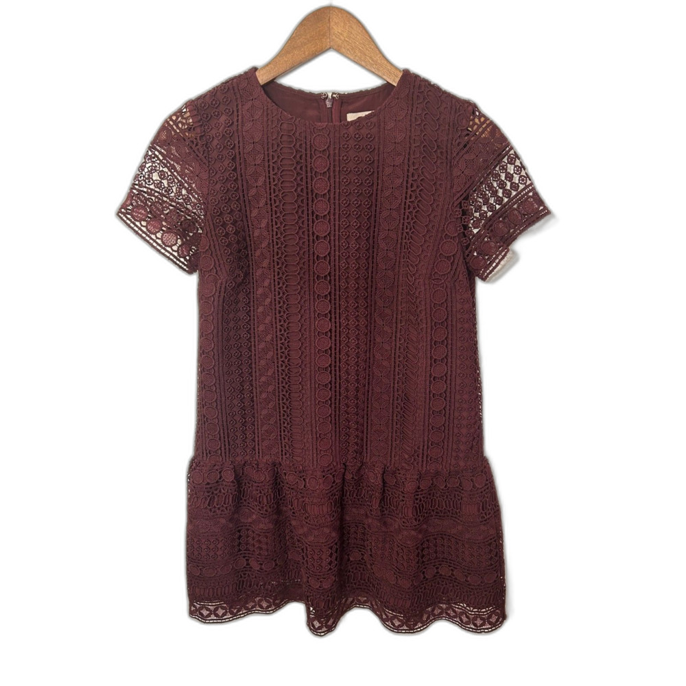 LOFT Burgundy Lace Peplum Top Size 2 Feminine Boho Chic Short Sleeve